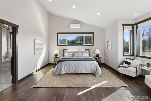 bedroom with recessed lighting, wood finished floors, baseboards, vaulted ceiling, and an AC wall unit