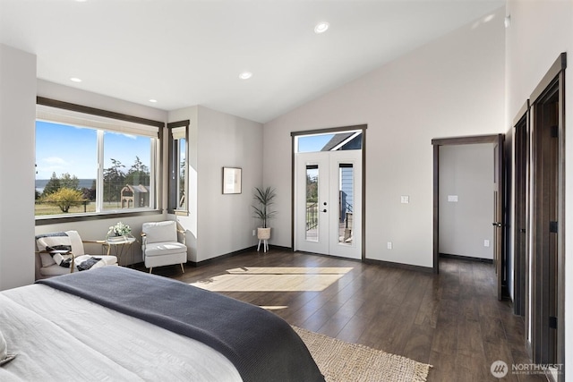 bedroom featuring french doors, recessed lighting, wood finished floors, access to outside, and baseboards