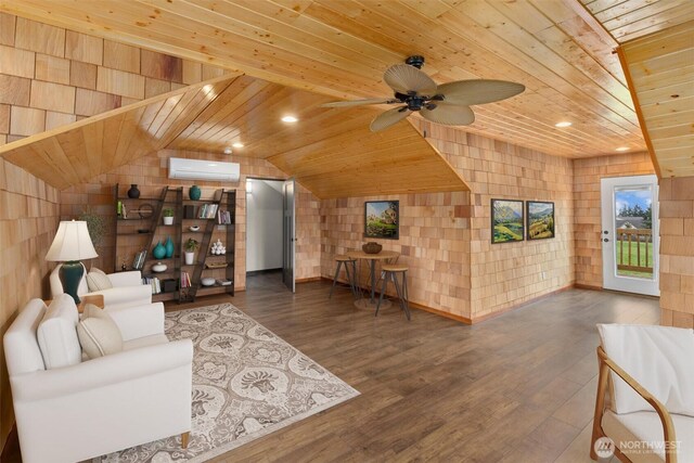 living area with wood finished floors, wood ceiling, and a wall mounted AC