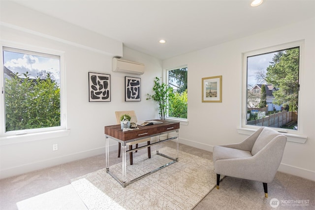 home office with a wealth of natural light, recessed lighting, a wall unit AC, and carpet