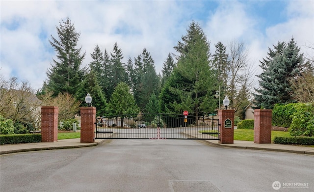 view of road with a gate, sidewalks, and a gated entry