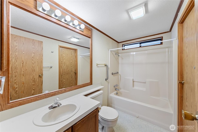 2308 Vista Ln, Anacortes, WA 98221 - full bath featuring crown molding, vanity, toilet, and bathing tub / shower combination