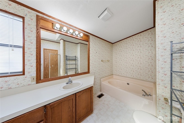 2308 Vista Ln, Anacortes, WA 98221 - bathroom featuring vanity, ornamental molding, a bath, tile patterned floors, and wallpapered walls