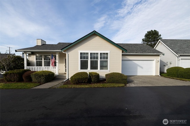 ranch-style house featuring aphalt driveway, a chimney, a porch, a shingled roof, and an attached garage