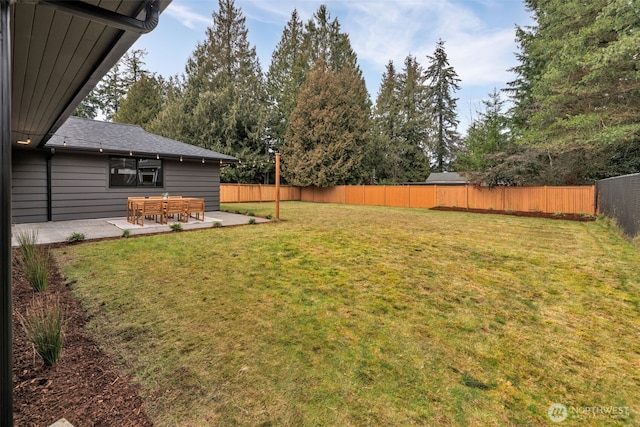 view of yard with a patio area and a fenced backyard