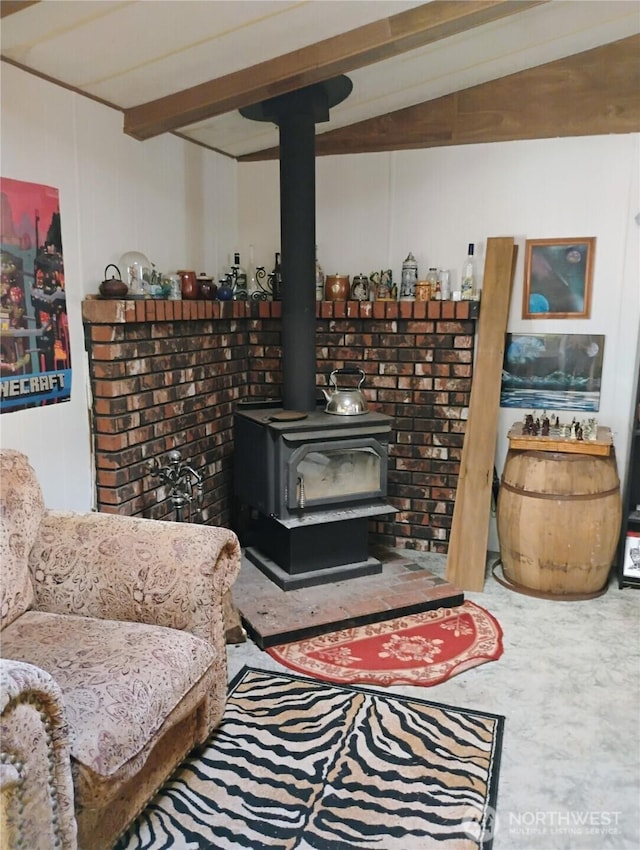 sitting room with a wood stove