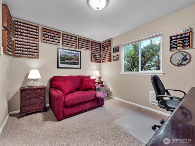 home office featuring carpet flooring, visible vents, and baseboards