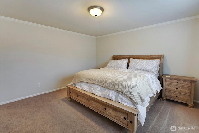 bedroom featuring ornamental molding, carpet, and baseboards