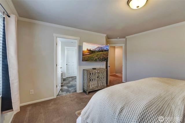 bedroom featuring carpet floors, baseboards, and crown molding