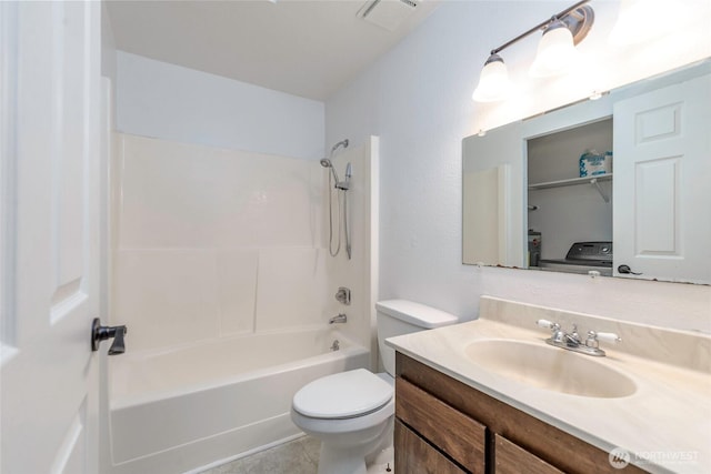 bathroom with toilet, washtub / shower combination, visible vents, and vanity