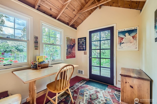 entryway featuring a wealth of natural light, wooden ceiling, visible vents, and vaulted ceiling with beams