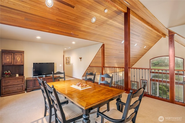 dining space featuring recessed lighting, wooden ceiling, light carpet, and vaulted ceiling with beams