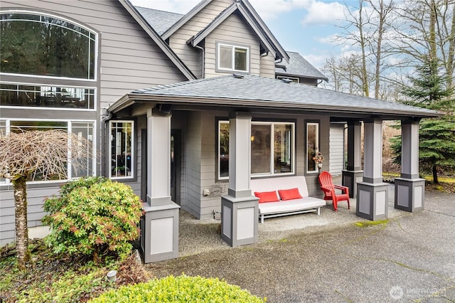 back of property featuring a shingled roof and a porch