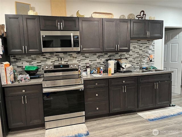 kitchen featuring light wood-style flooring, appliances with stainless steel finishes, a sink, light countertops, and backsplash