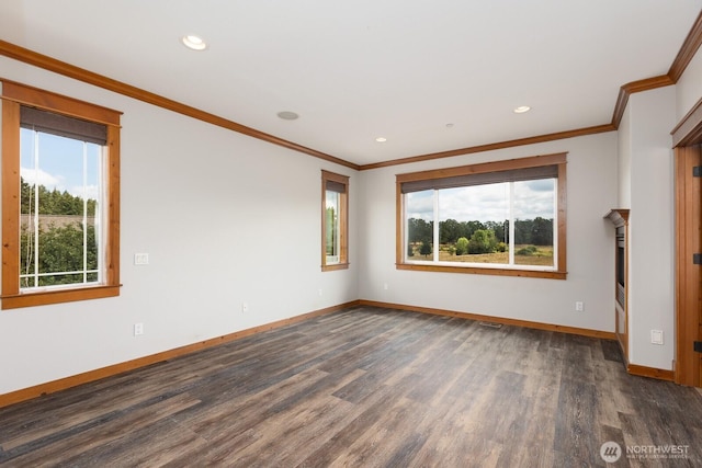 empty room featuring a healthy amount of sunlight, baseboards, and dark wood-type flooring