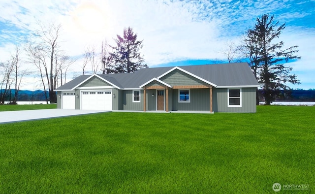 ranch-style home featuring concrete driveway, an attached garage, and a front lawn