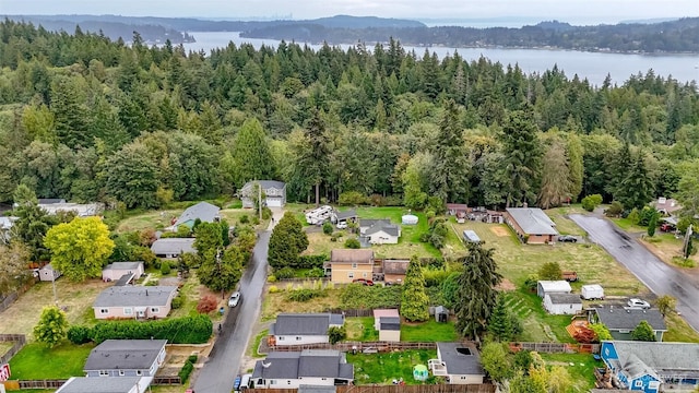 bird's eye view featuring a forest view and a water view