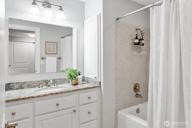 bathroom with vanity and shower / bathtub combination with curtain