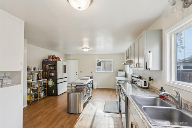 kitchen featuring a sink, light wood-type flooring, dishwasher, and refrigerator with glass door