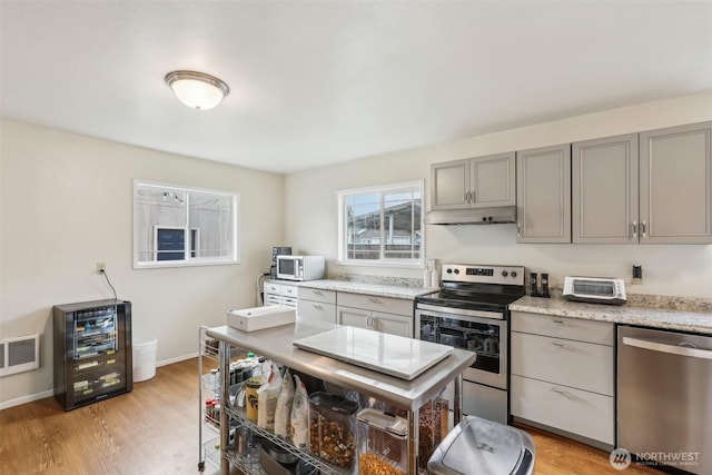 kitchen featuring light wood-type flooring, visible vents, gray cabinetry, under cabinet range hood, and stainless steel appliances