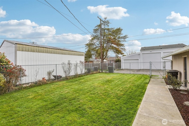 view of yard featuring an outdoor structure, a gate, fence, and central AC