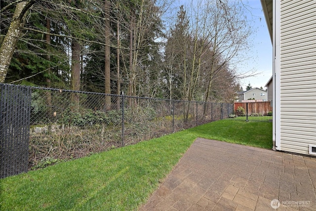 view of yard with a fenced backyard and a patio area