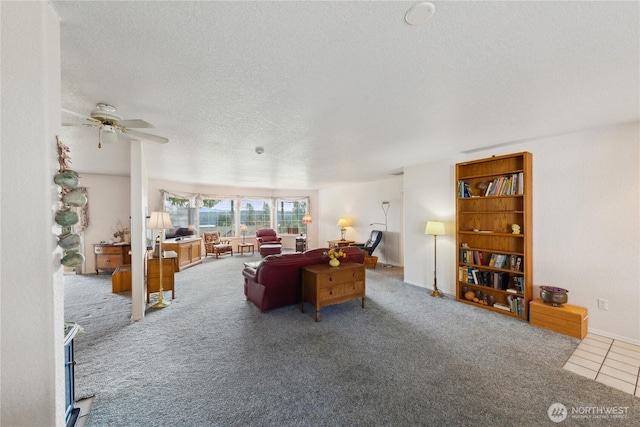 living room with a textured ceiling and carpet floors