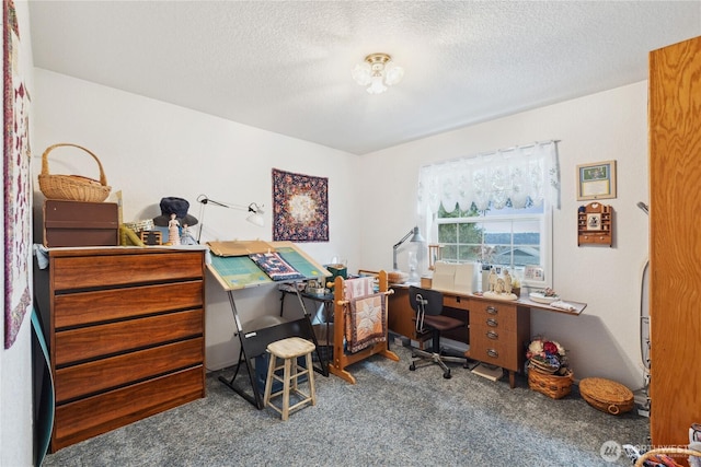 carpeted office featuring a textured ceiling