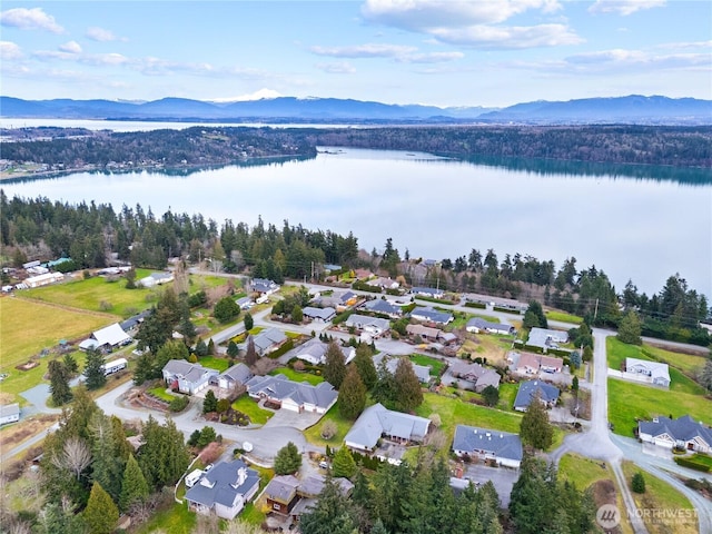 drone / aerial view with a residential view and a water and mountain view