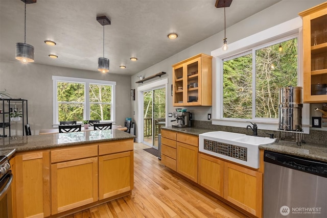 kitchen with light wood finished floors, glass insert cabinets, hanging light fixtures, stainless steel dishwasher, and a sink