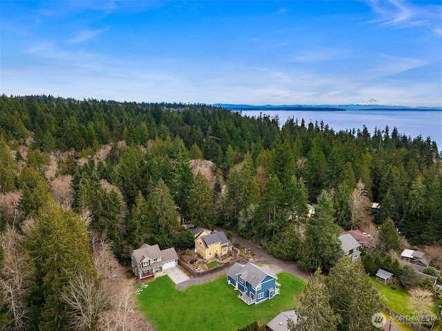 drone / aerial view featuring a water view and a view of trees