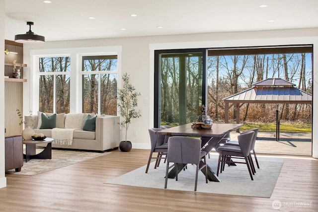 dining room with recessed lighting, a healthy amount of sunlight, and wood finished floors