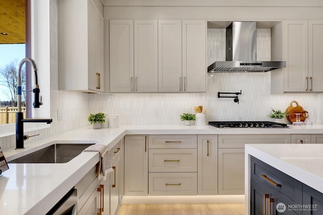 kitchen featuring gas cooktop, a sink, wall chimney range hood, stainless steel dishwasher, and backsplash