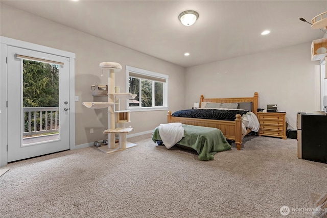 carpeted bedroom with access to exterior, recessed lighting, and baseboards