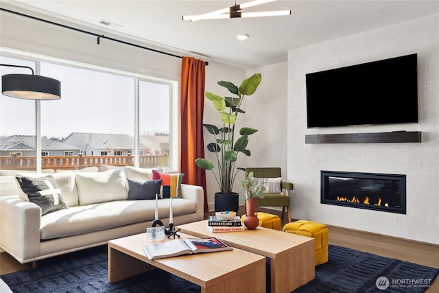 living area with a glass covered fireplace and wood finished floors