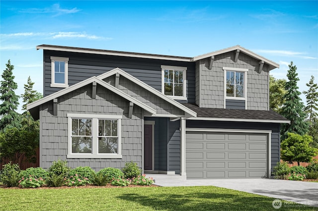 view of front of property with concrete driveway, a front lawn, and an attached garage