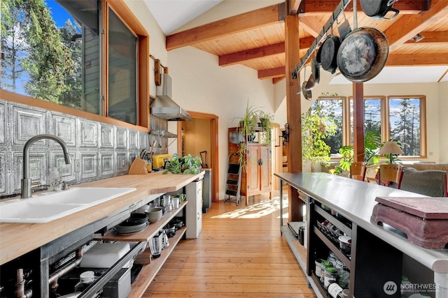 kitchen with vaulted ceiling with beams, wood ceiling, light wood-style flooring, wall chimney exhaust hood, and a sink