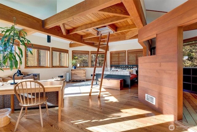 interior space with beam ceiling, visible vents, and wood ceiling