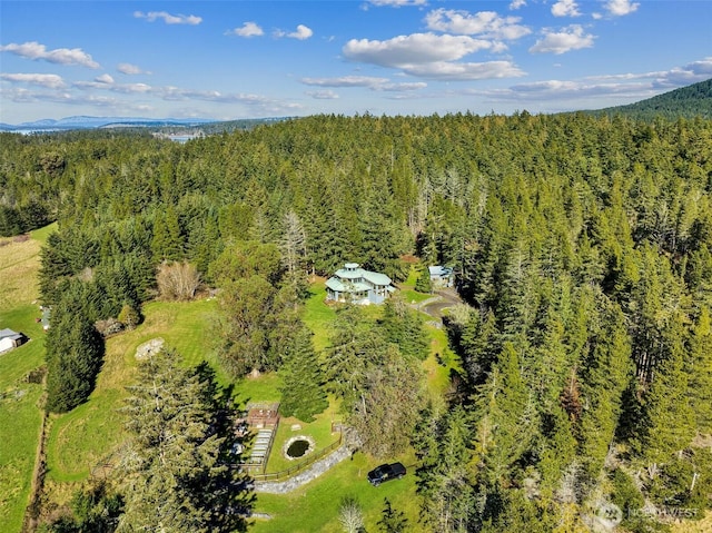 drone / aerial view featuring a forest view