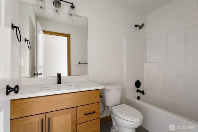 full bath featuring toilet, shower / tub combination, and vanity