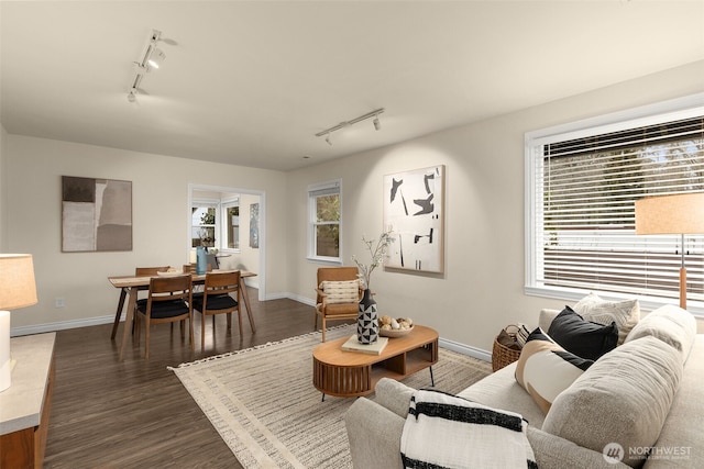 living area featuring dark wood-style floors, rail lighting, and baseboards