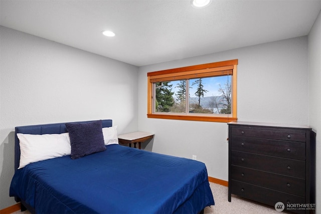 bedroom featuring carpet, baseboards, and recessed lighting