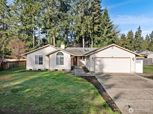 ranch-style house with a garage, driveway, a front yard, and fence