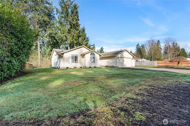 single story home featuring driveway, a front lawn, and fence