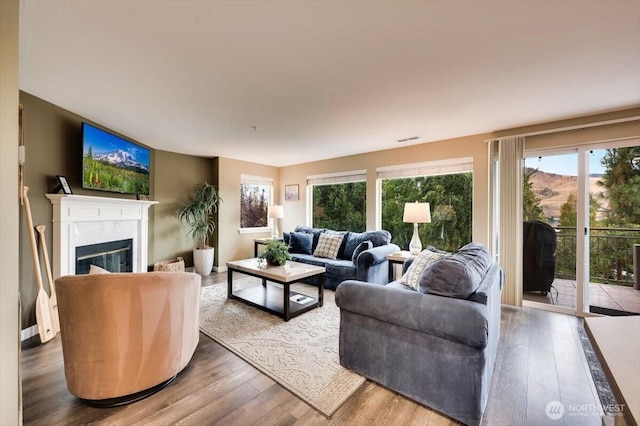 living area featuring visible vents, wood finished floors, and a high end fireplace