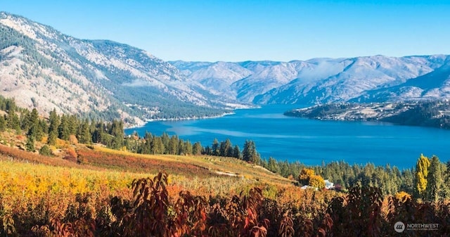 property view of mountains featuring a water view and a wooded view