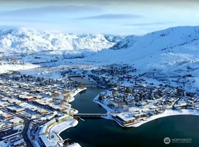 birds eye view of property with a water and mountain view