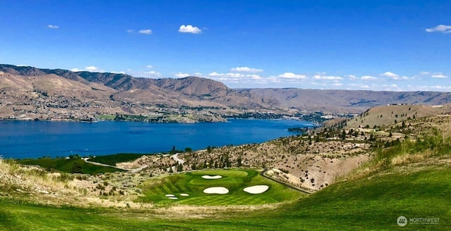 birds eye view of property with a water and mountain view