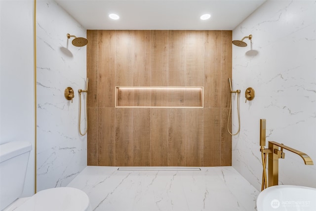 full bath featuring recessed lighting, a marble finish shower, marble finish floor, and toilet