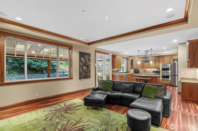 living area featuring light wood-style floors, a raised ceiling, and ornamental molding